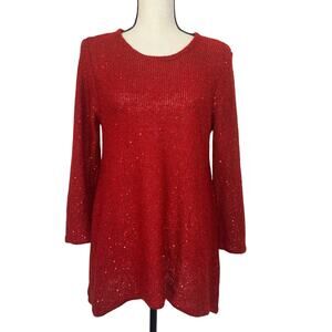 Anne Klein Women's Large Red Pullover Sweater Long Sleeve Sequin Festive Knit